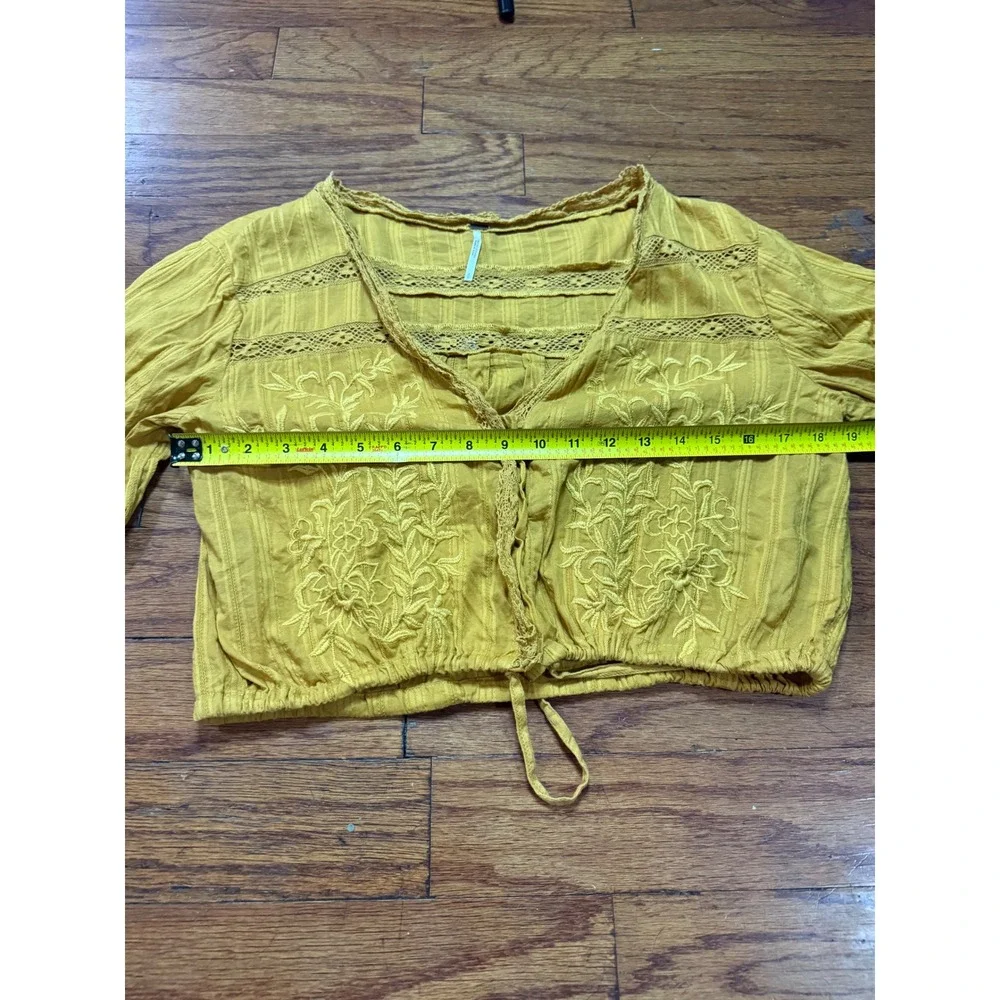Free People Yellow Embroidered Crochet Lace Crop Top Blouse Mustard Womens Small